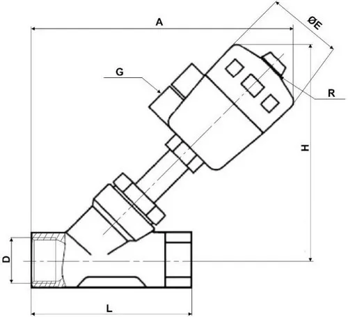 Клапан отсечной пневматический 1/2″ Ду15 Ру25, корпус - нержавеющая сталь SS316, резьбовой, Y-образный, корпус привода - пластик (VSP3241P-T-1PNC)