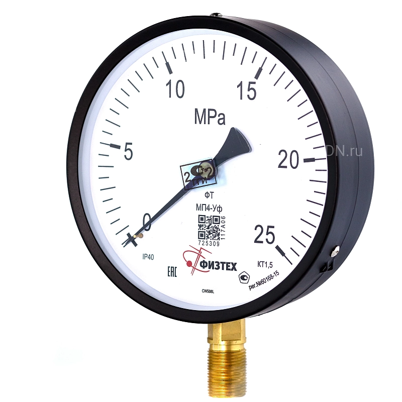 Манометр ФИЗТЕХ МП4-Уф 0-25 МПа IP40, общетехнический 160 мм, резьба М20х1.5, класс точности - 1.5, радиальный штуцер
