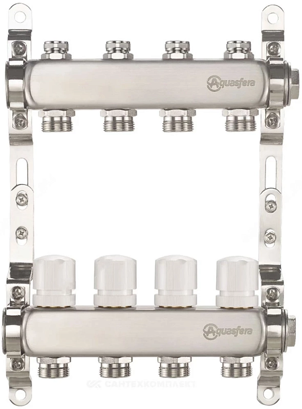 Группа коллекторная Aquasfera 9504 Ду25 Ру10 внутренняя резьба, выходов 3х3/4″ наружная резьба под евроконус с балансировочными и регулирующими клапанами, нержавеющая сталь